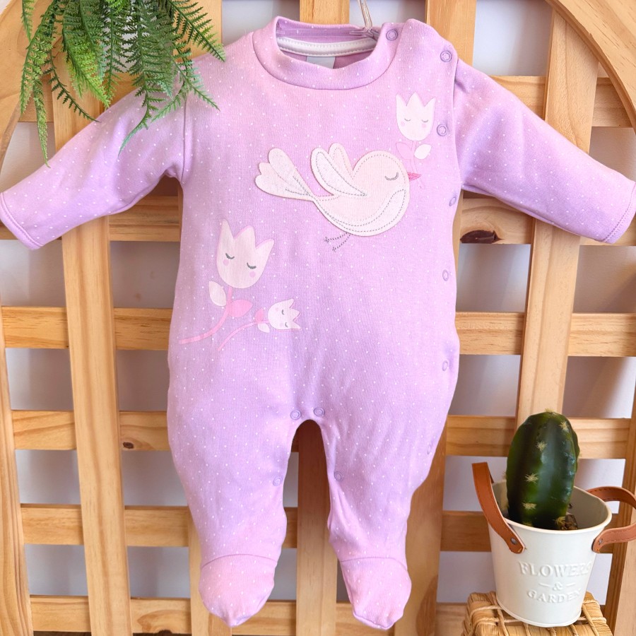 Macacão Malha Trape Zape - Passarinha com Flores - Lilás